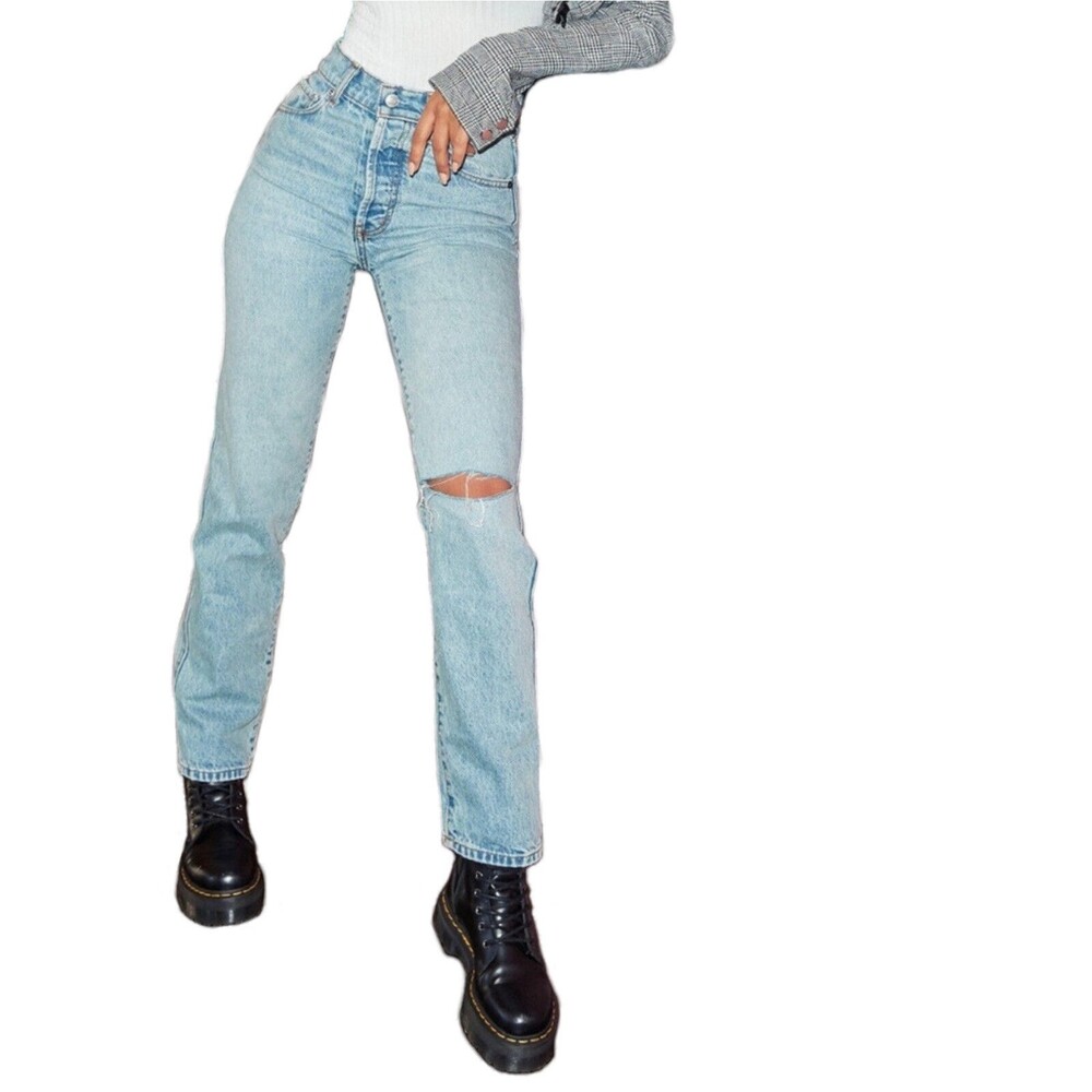 Revice Butt Cut Distressed Button Fly Straight Leg Jeans Blue 24